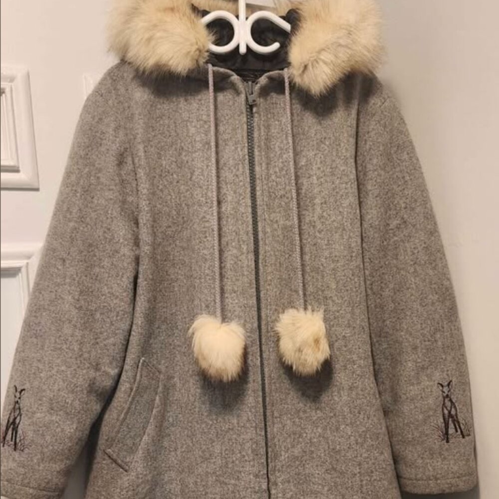 Wool-Blend Hooded Coat with Faux Fur Trim - Gray